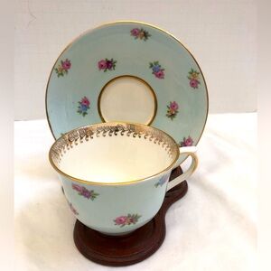 Colclough China Tea Cup Saucer Sky Blue Scattered Floral Buds Gold Edge England